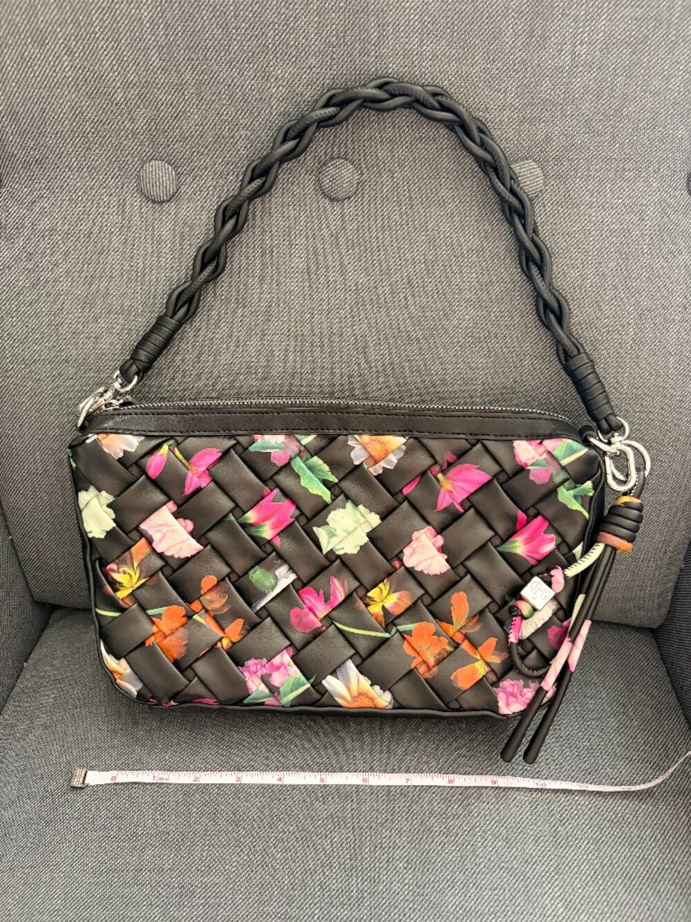 Desigual Woven Crossbody Bag Black Floral Print Silver Hardware